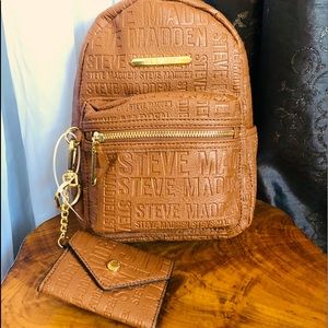 Steve Madden Brown Leather Mini Backpack with Keychain Wallet